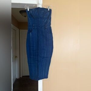 Fashion Nova Blue Denim Midi Dress with Contour Seams